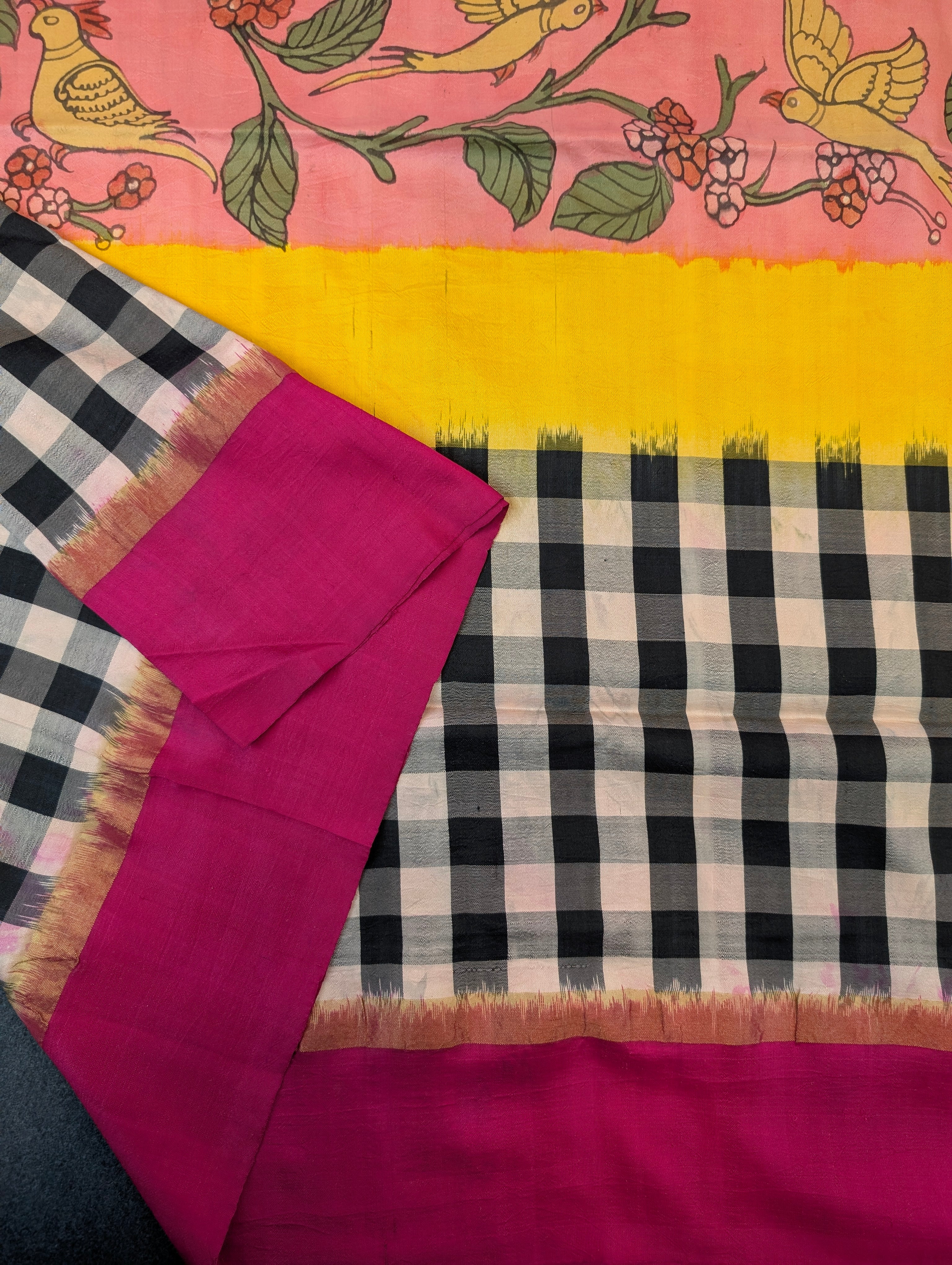 Pure Handloom Ikkat X Pen Kalamkari - Pink-Yellow-Checkered Black &amp; White