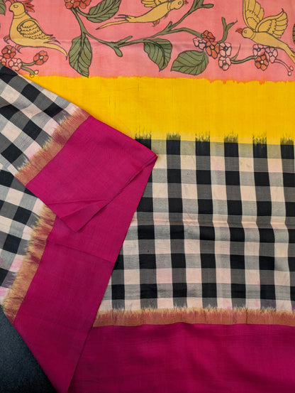 Pure Handloom Ikkat X Pen Kalamkari - Pink-Yellow-Checkered Black &amp; White