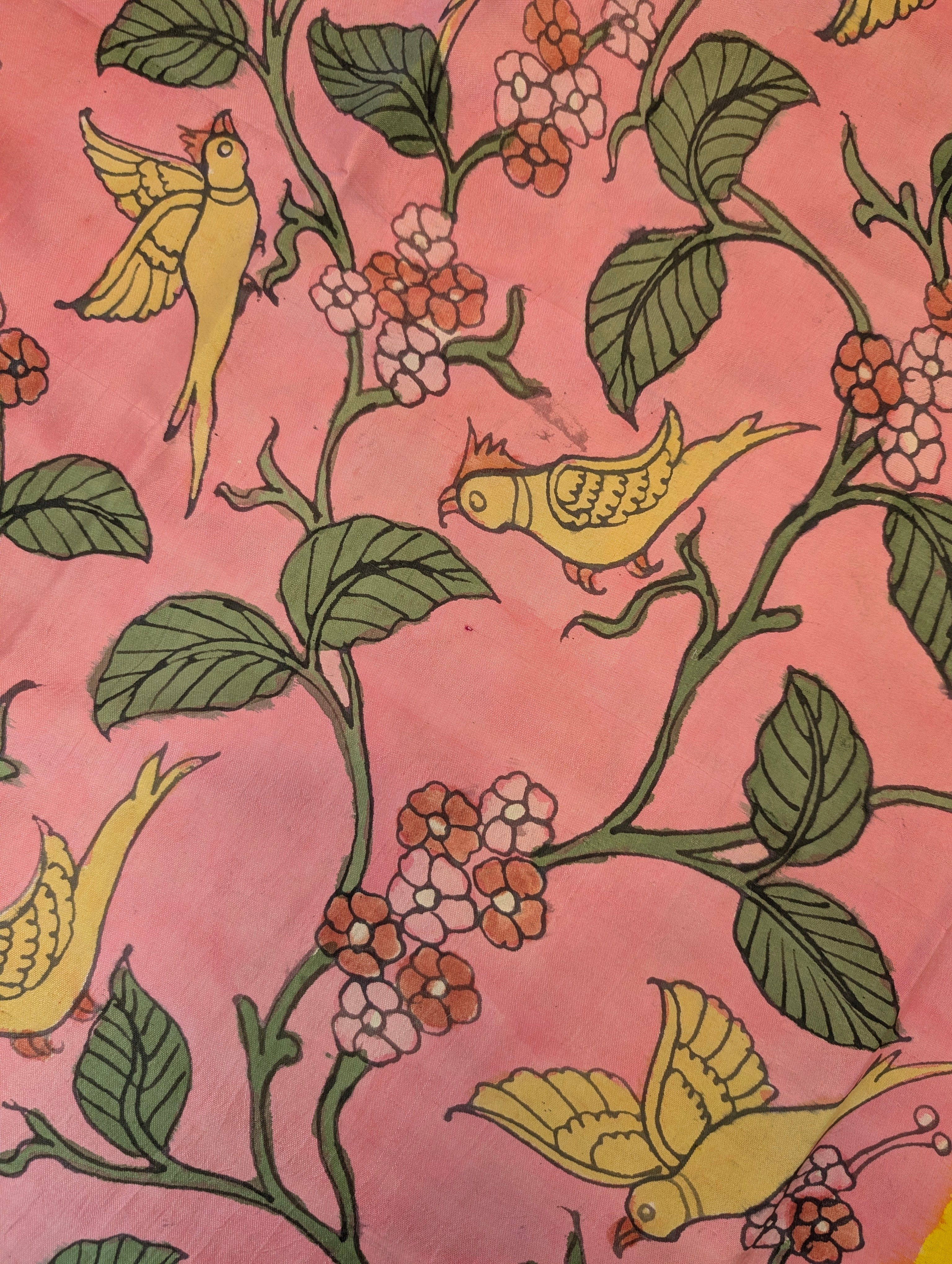Pure Handloom Ikkat X Pen Kalamkari - Pink-Yellow-Checkered Black &amp; White