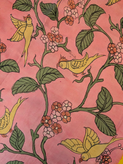 Pure Handloom Ikkat X Pen Kalamkari - Pink-Yellow-Checkered Black &amp; White