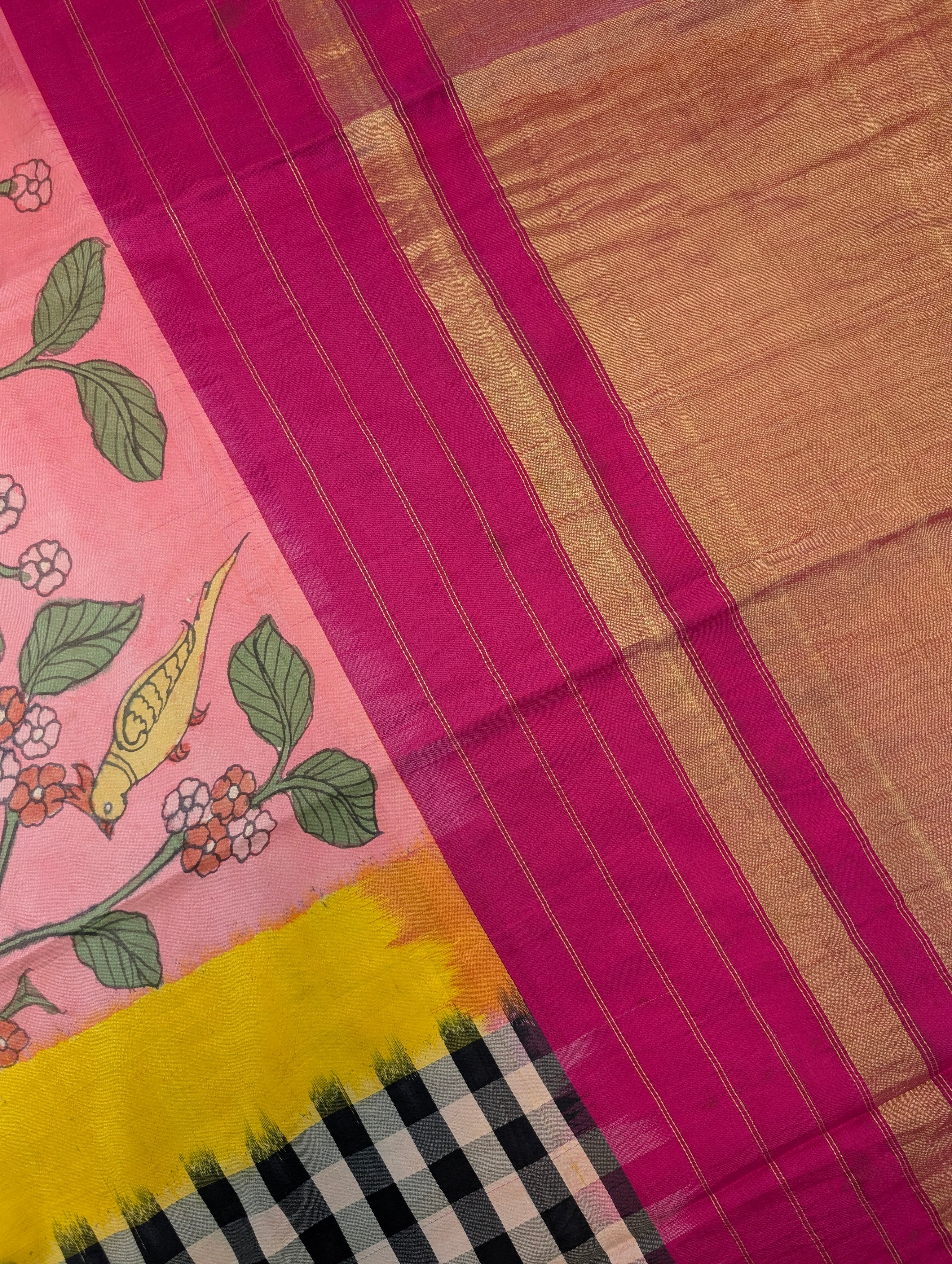 Pure Handloom Ikkat X Pen Kalamkari - Pink-Yellow-Checkered Black &amp; White