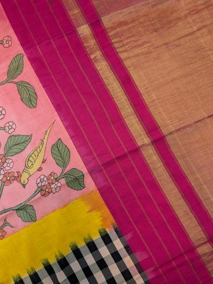 Pure Handloom Ikkat X Pen Kalamkari - Pink-Yellow-Checkered Black &amp; White