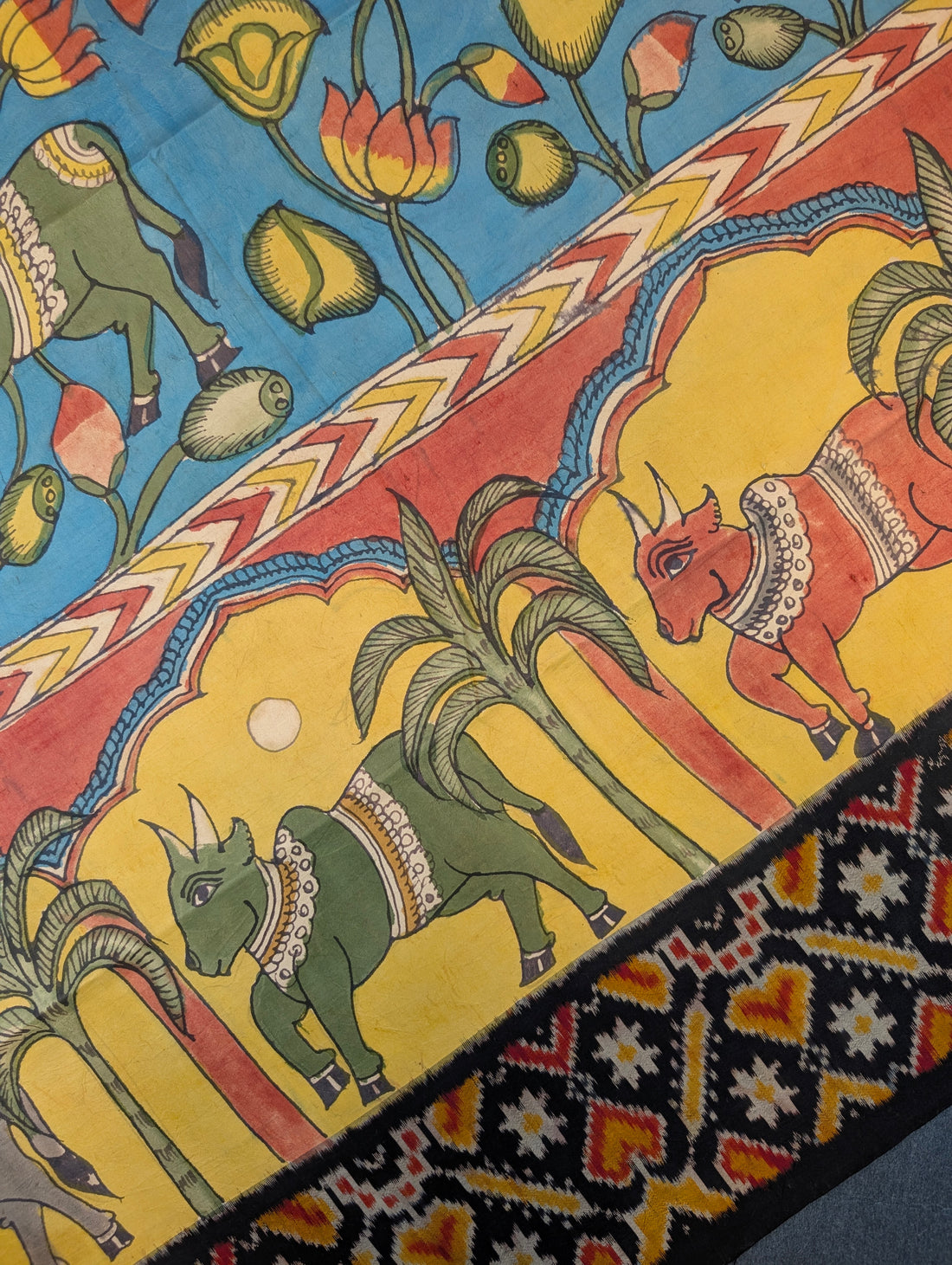 Pure Handloom Ikkat X Pen Kalamkari - Turquoise Blue