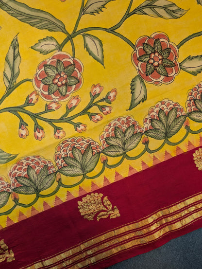 Pure Handloom Gadwal X Pen Kalamkari -  Radiant yellow with red border