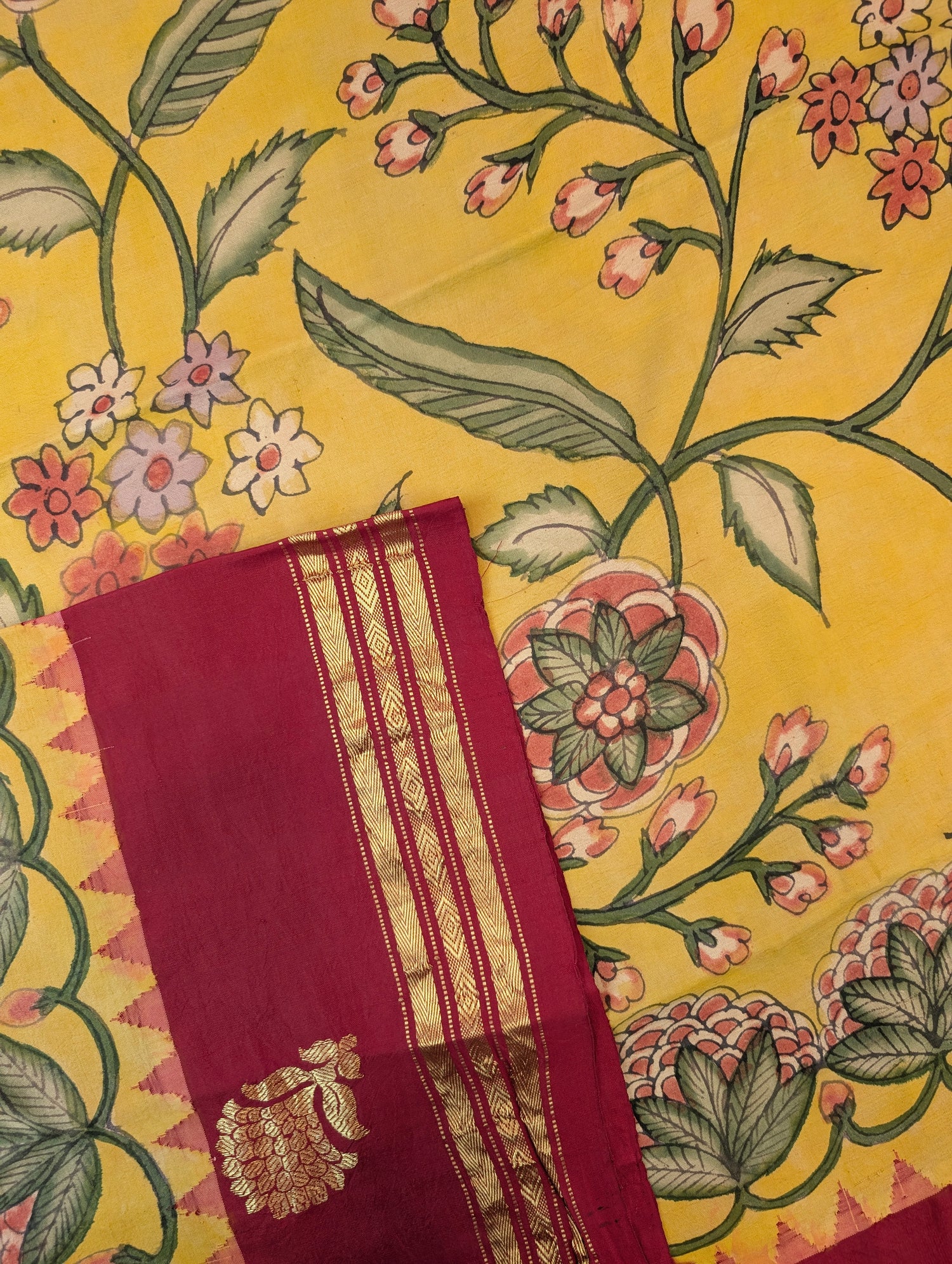 Pure Handloom Gadwal X Pen Kalamkari -  Radiant yellow with red border