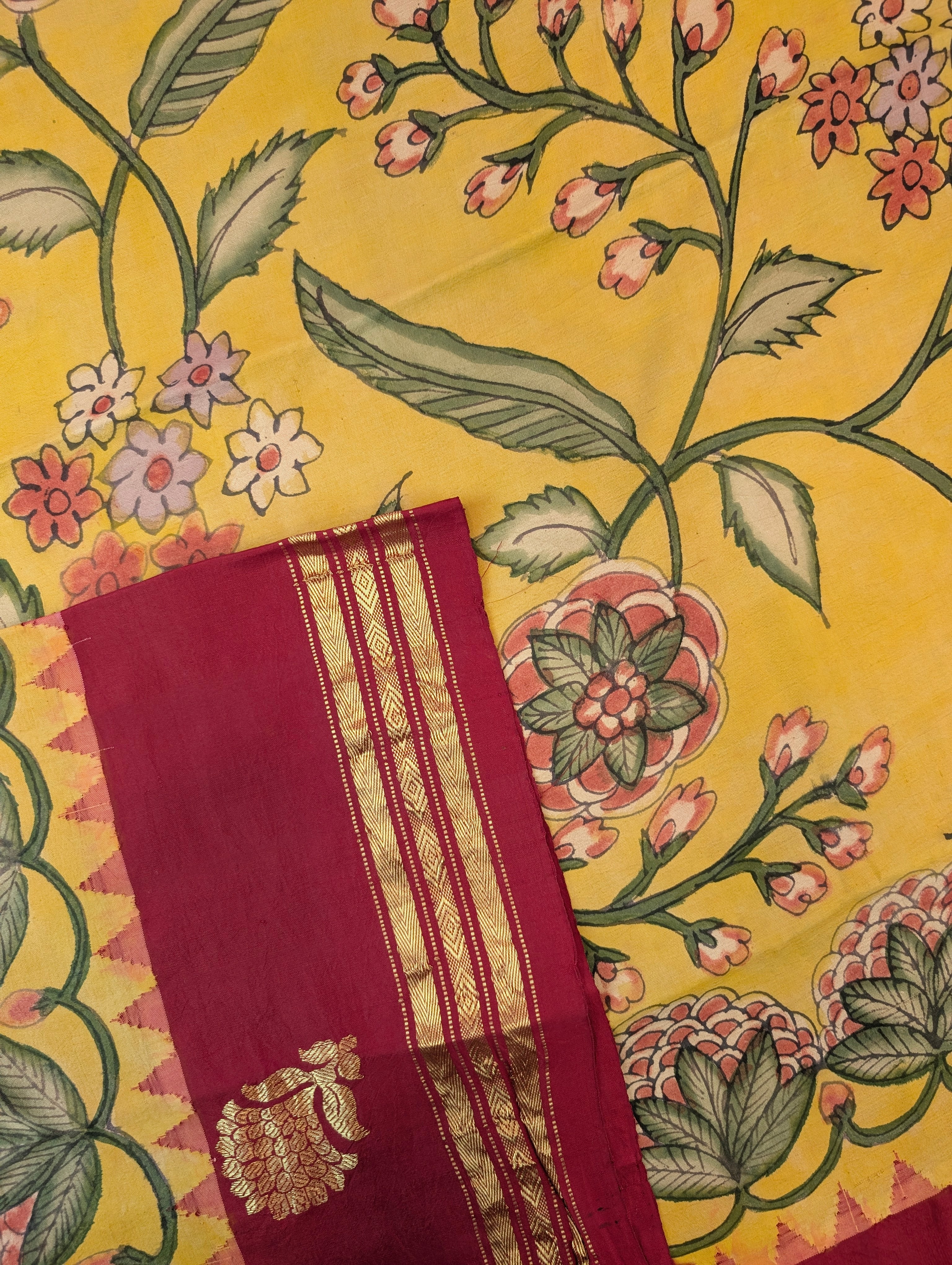 Pure Handloom Gadwal X Pen Kalamkari -  Radiant yellow with red border