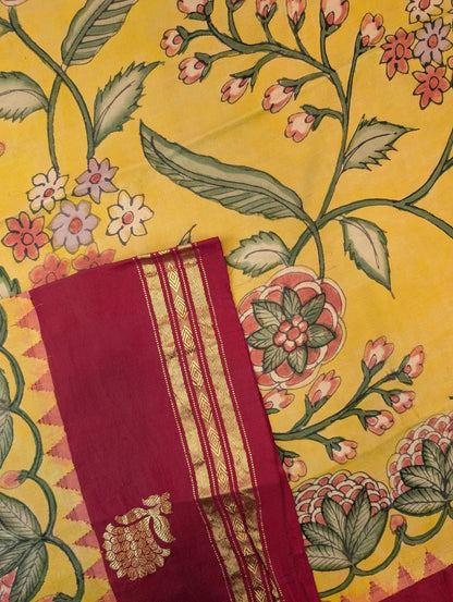 Pure Handloom Gadwal X Pen Kalamkari -  Radiant yellow with red border