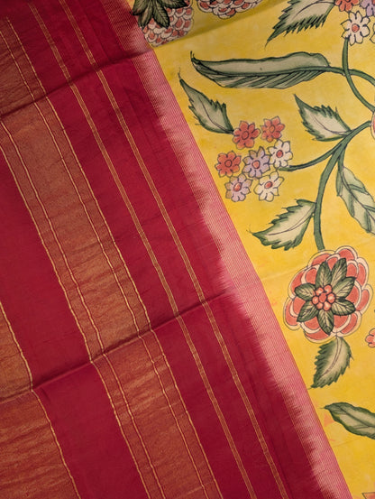 Pure Handloom Gadwal X Pen Kalamkari -  Radiant yellow with red border