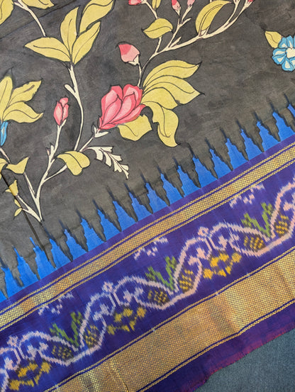 Pure Handloom Ikkat X Pen Kalamkari - Charcoal Grey