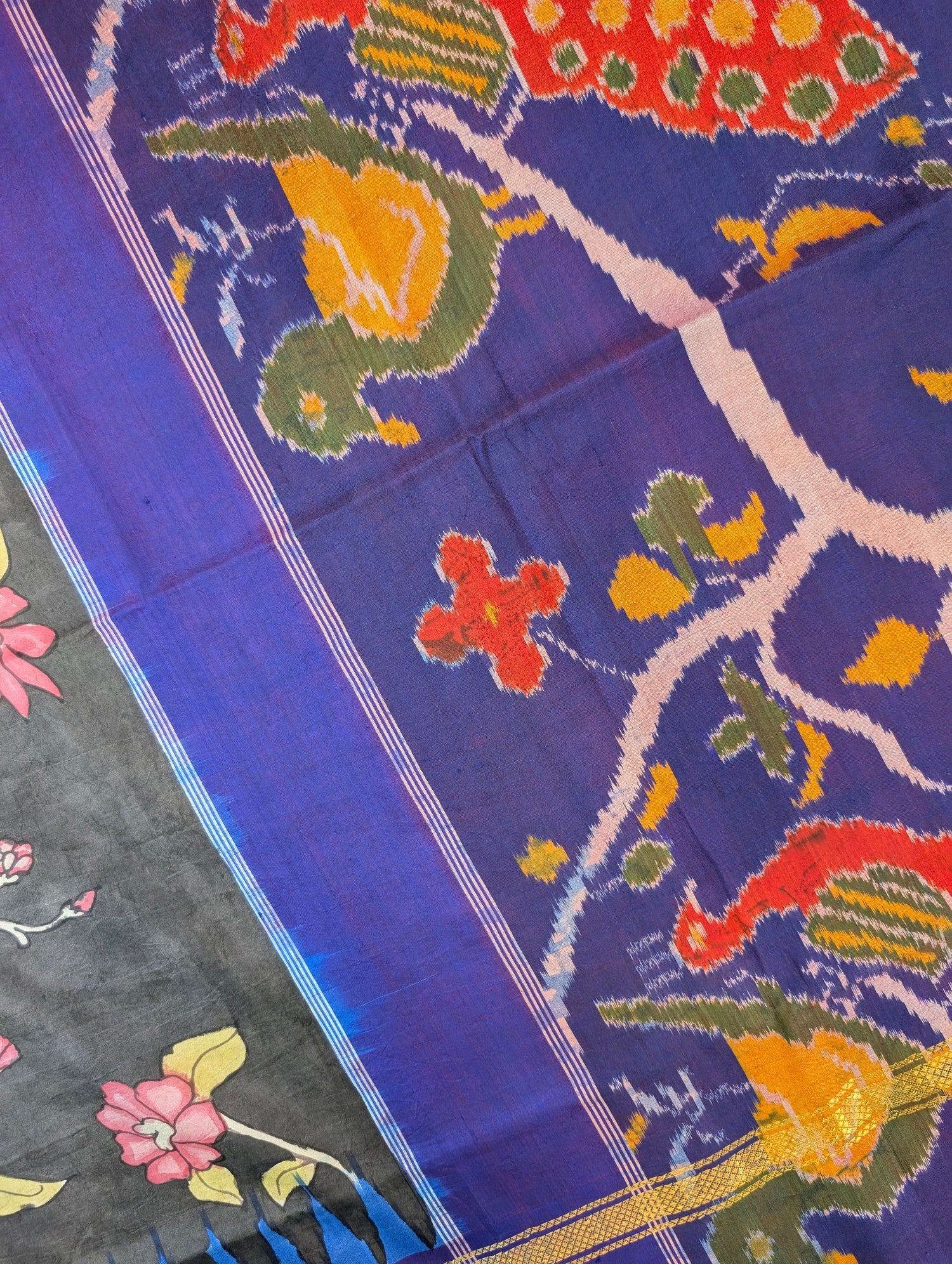 Pure Handloom Ikkat X Pen Kalamkari - Charcoal Grey