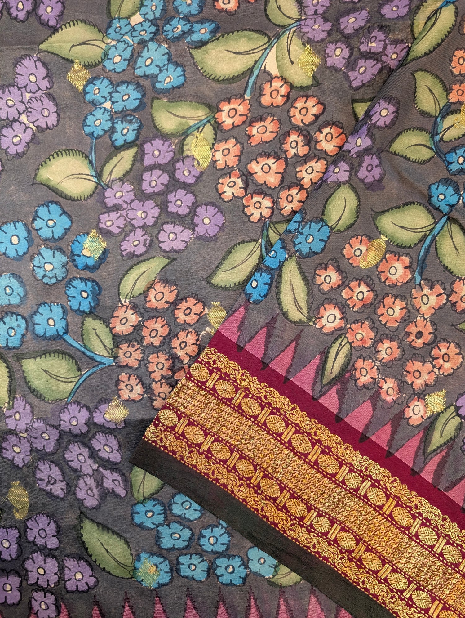 Pure Handloom Gadwal X Pen Kalamkari - Grey