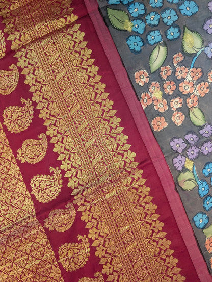 Pure Handloom Gadwal X Pen Kalamkari - Grey