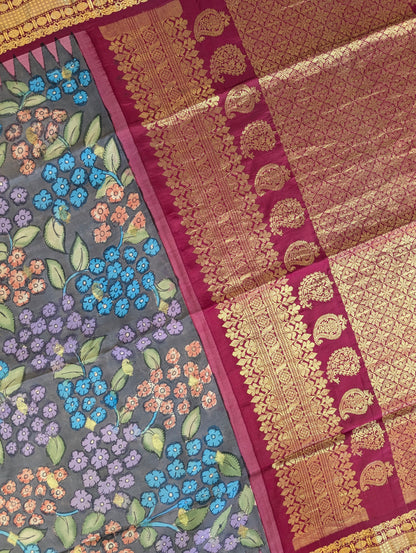 Pure Handloom Gadwal X Pen Kalamkari - Grey