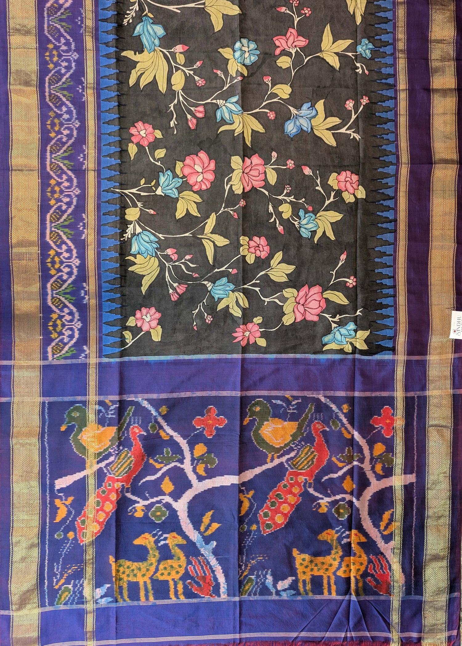 Pure Handloom Ikkat X Pen Kalamkari - Charcoal Grey