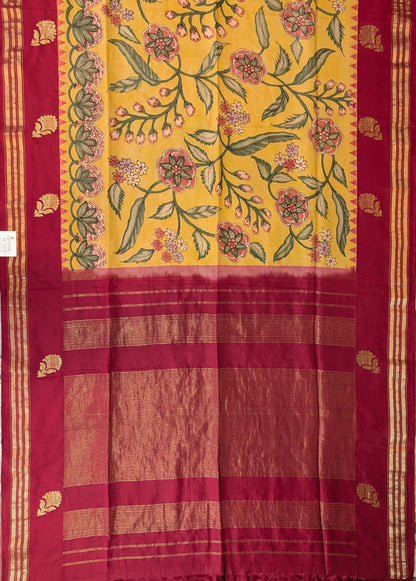 Pure Handloom Gadwal X Pen Kalamkari -  Radiant yellow with red border