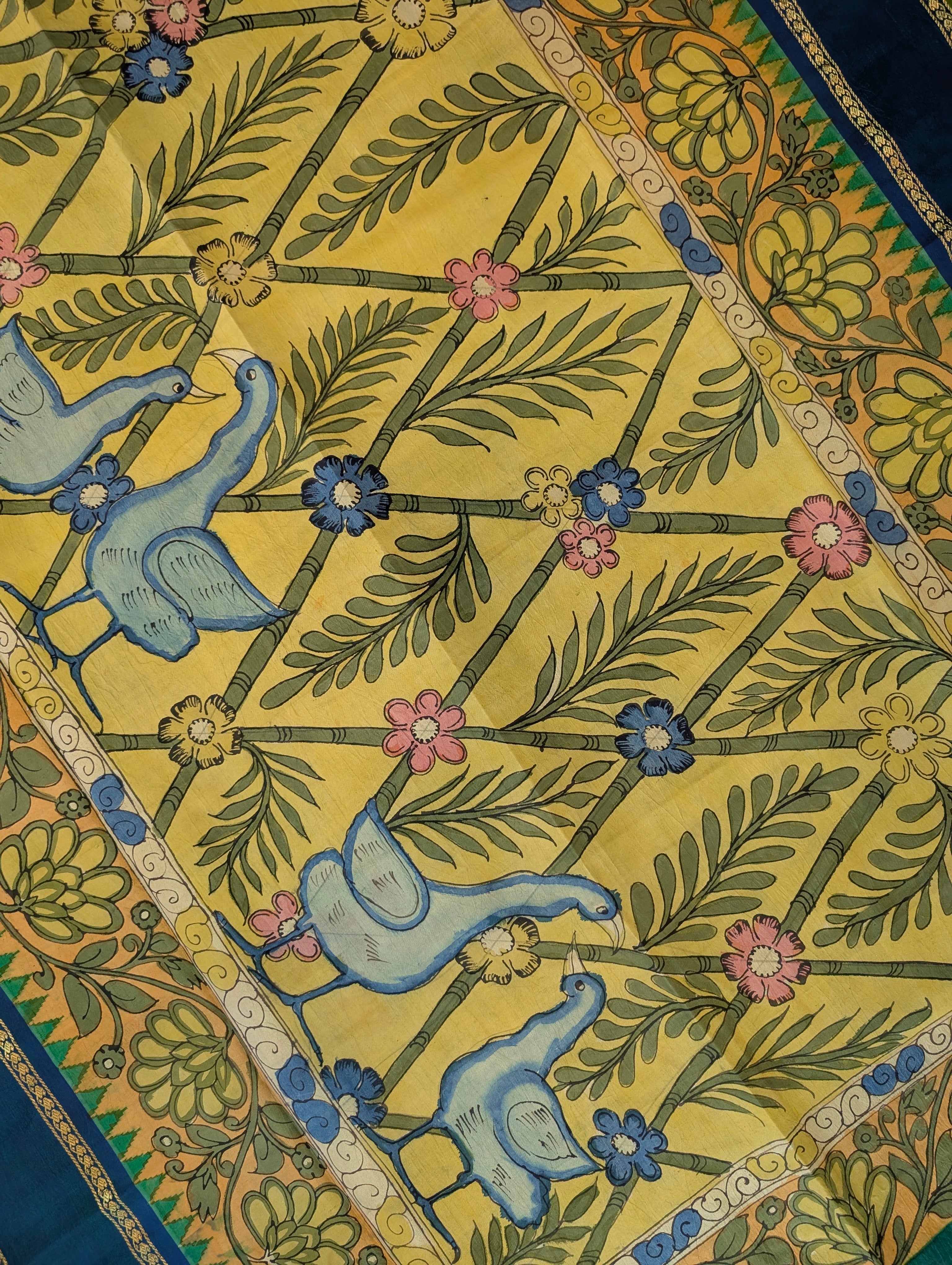 Pure Handloom Gadwal X Pen Kalamkari - Mustard yellow