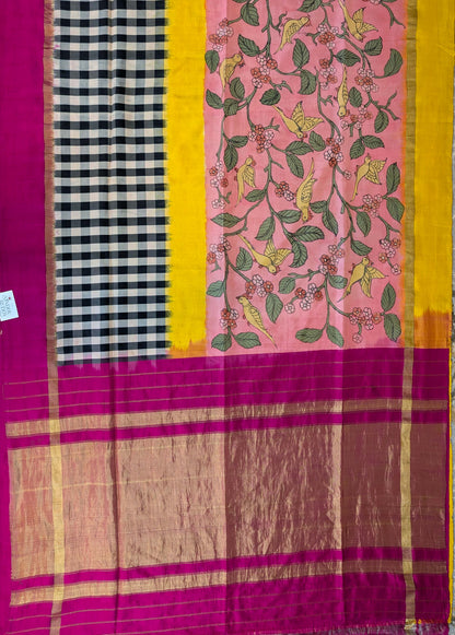 Pure Handloom Ikkat X Pen Kalamkari - Pink-Yellow-Checkered Black &amp; White