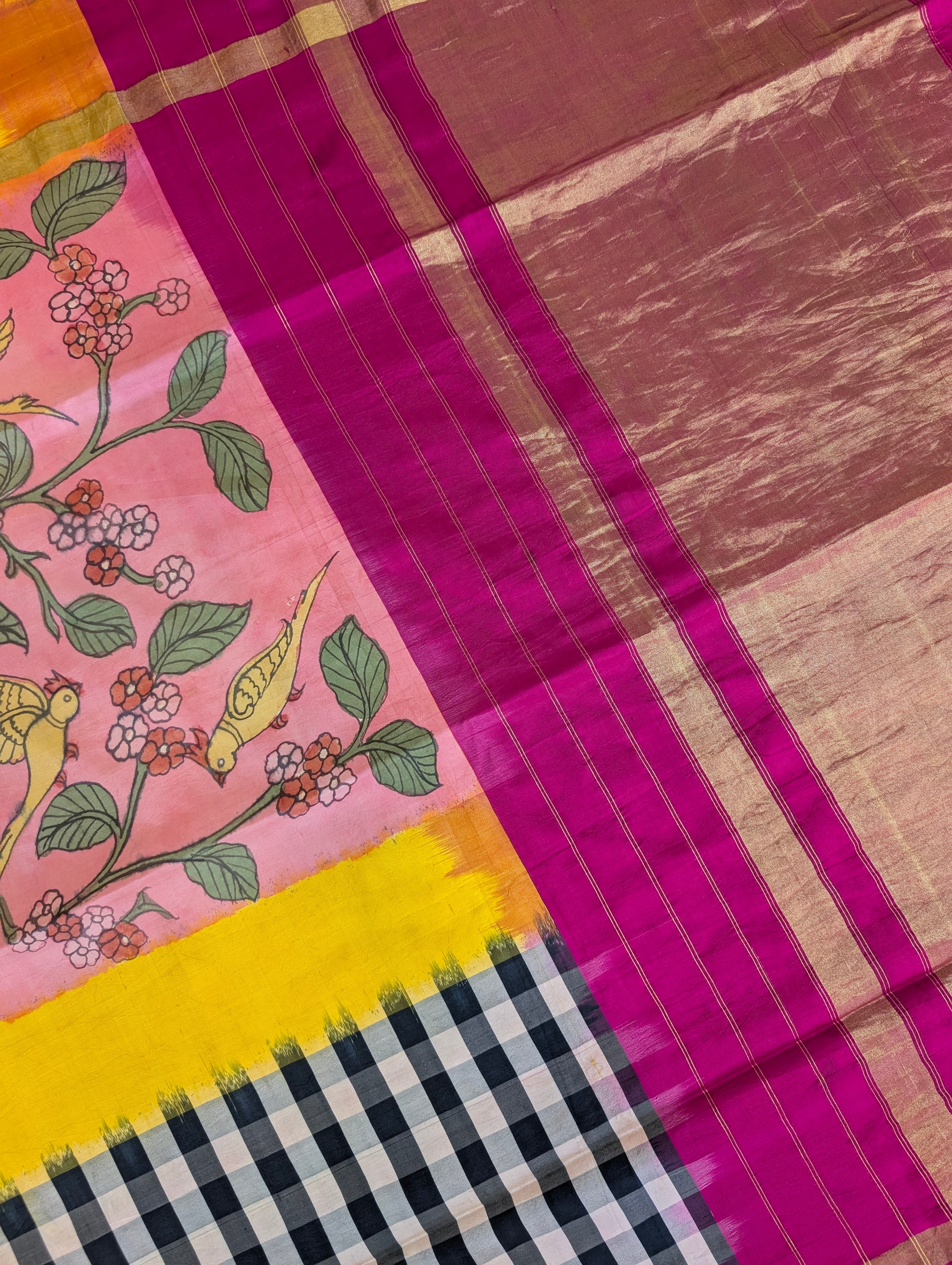 Pure Handloom Ikkat X Pen Kalamkari - Pink-Yellow-Checkered Black &amp; White