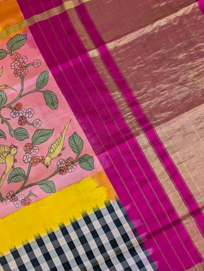 Pure Handloom Ikkat X Pen Kalamkari - Pink-Yellow-Checkered Black &amp; White