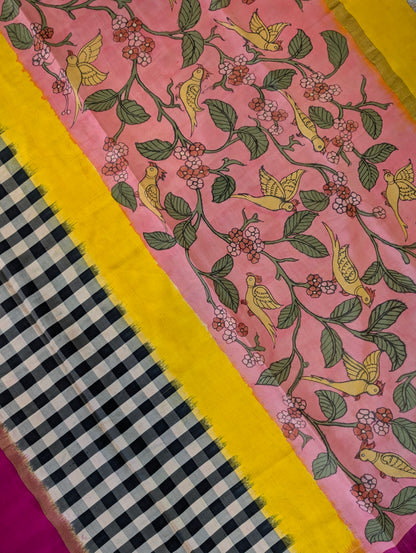 Pure Handloom Ikkat X Pen Kalamkari - Pink-Yellow-Checkered Black &amp; White