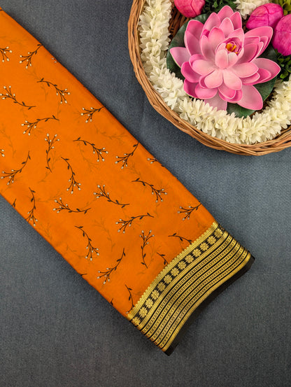 Pure Mysore Silk Crepe - Orange with Black
