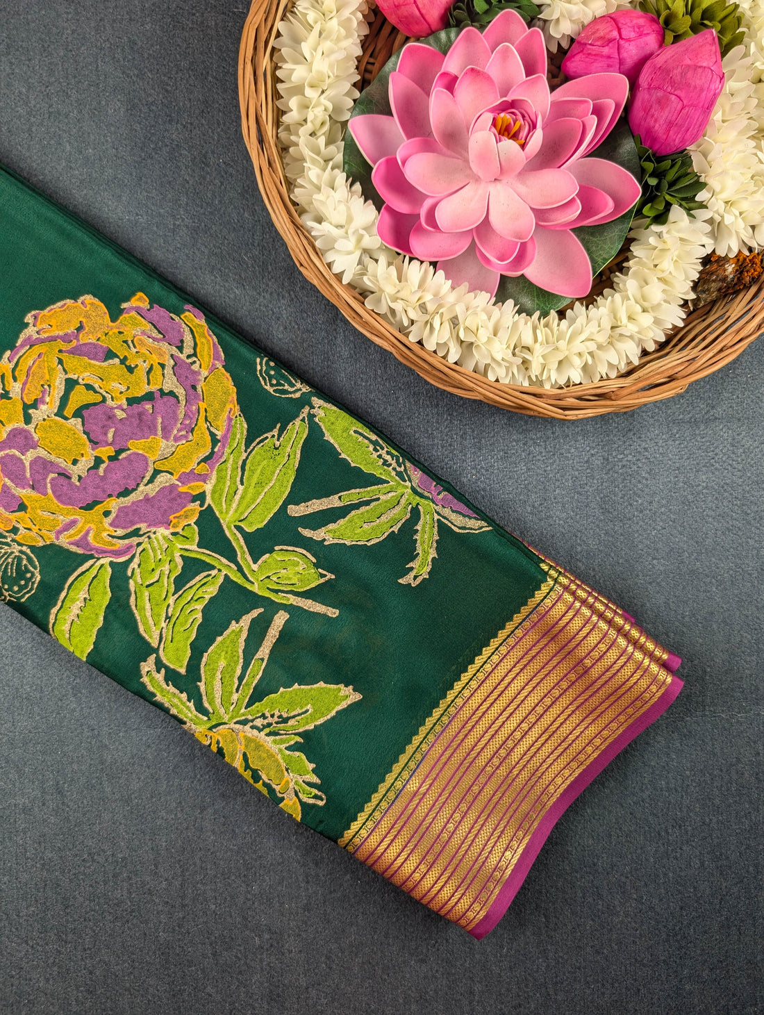 Pure Mysore Silk Crepe – Bottle Green with Red Floral Motifs &amp; Zari Border