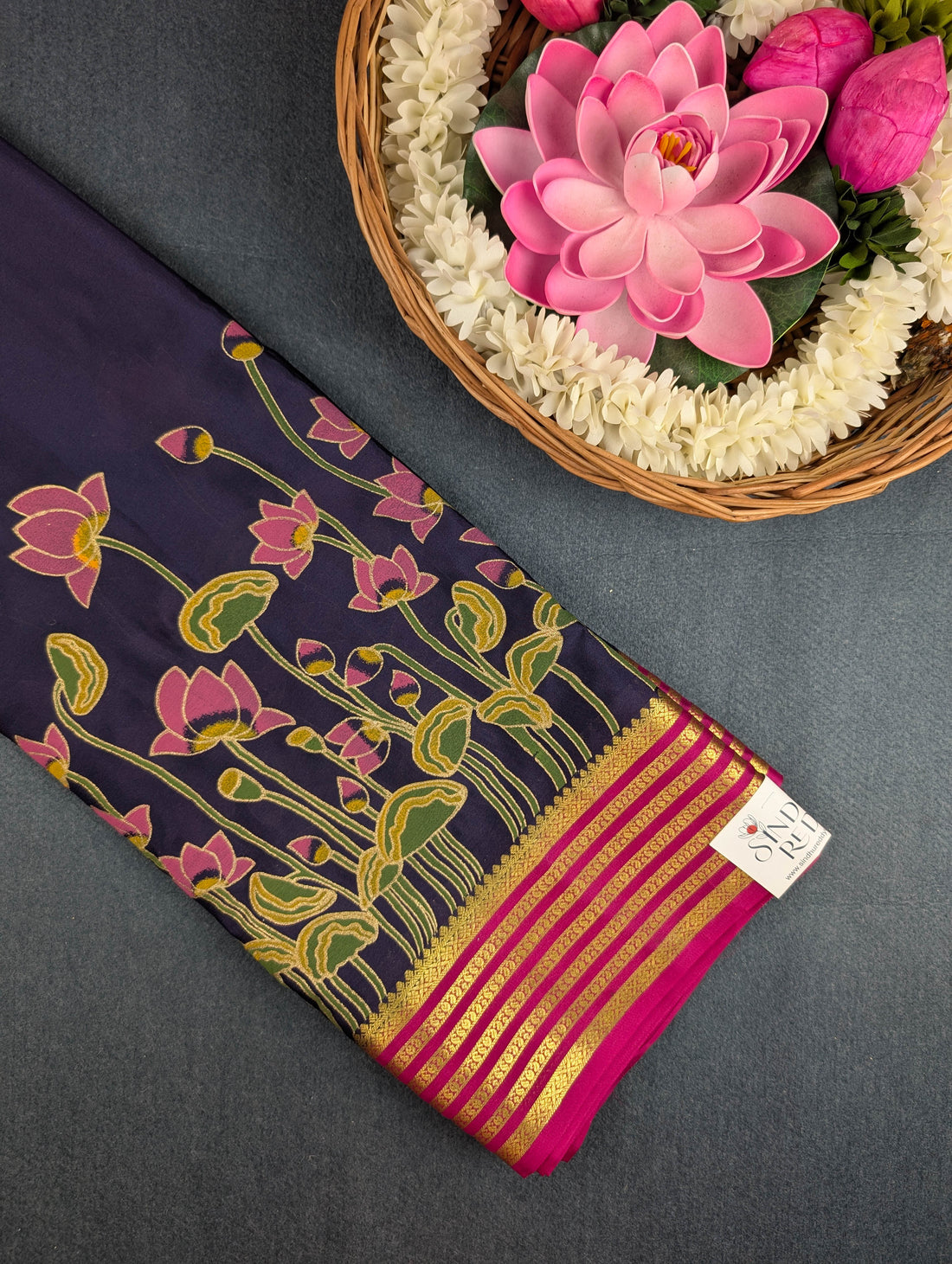 Pure Mysore Silk Crepe – Midnight Blue with Pink Lotus Embroidery &amp; Zari Accents