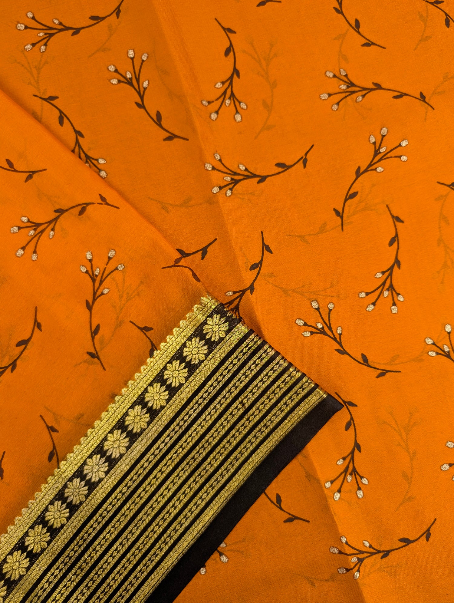 Pure Mysore Silk Crepe - Orange with Black