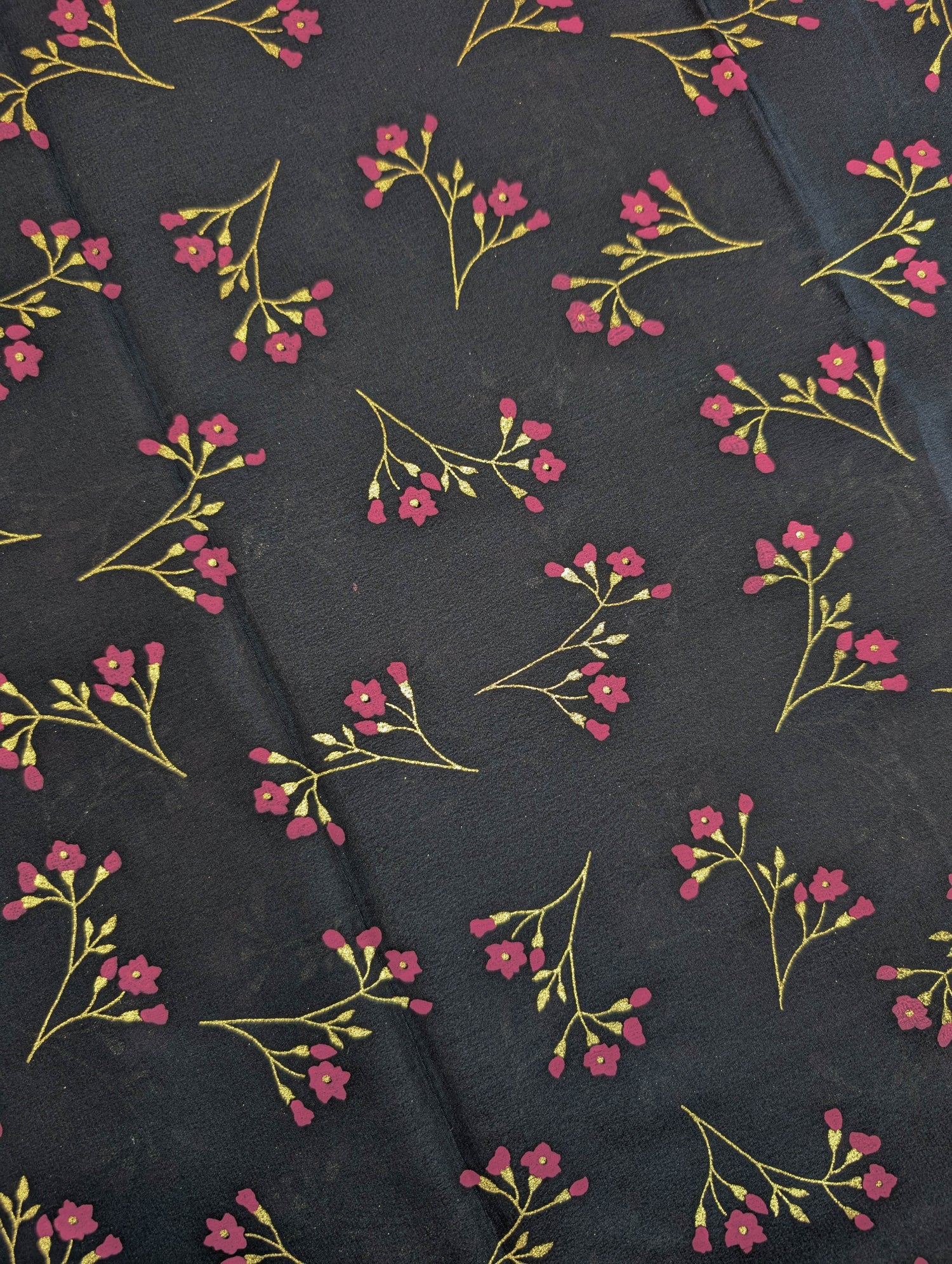 Pure Mysore Silk Crepe - Black with Dark Pink