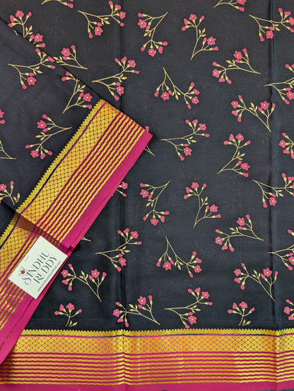 Pure Mysore Silk Crepe - Black with Dark Pink