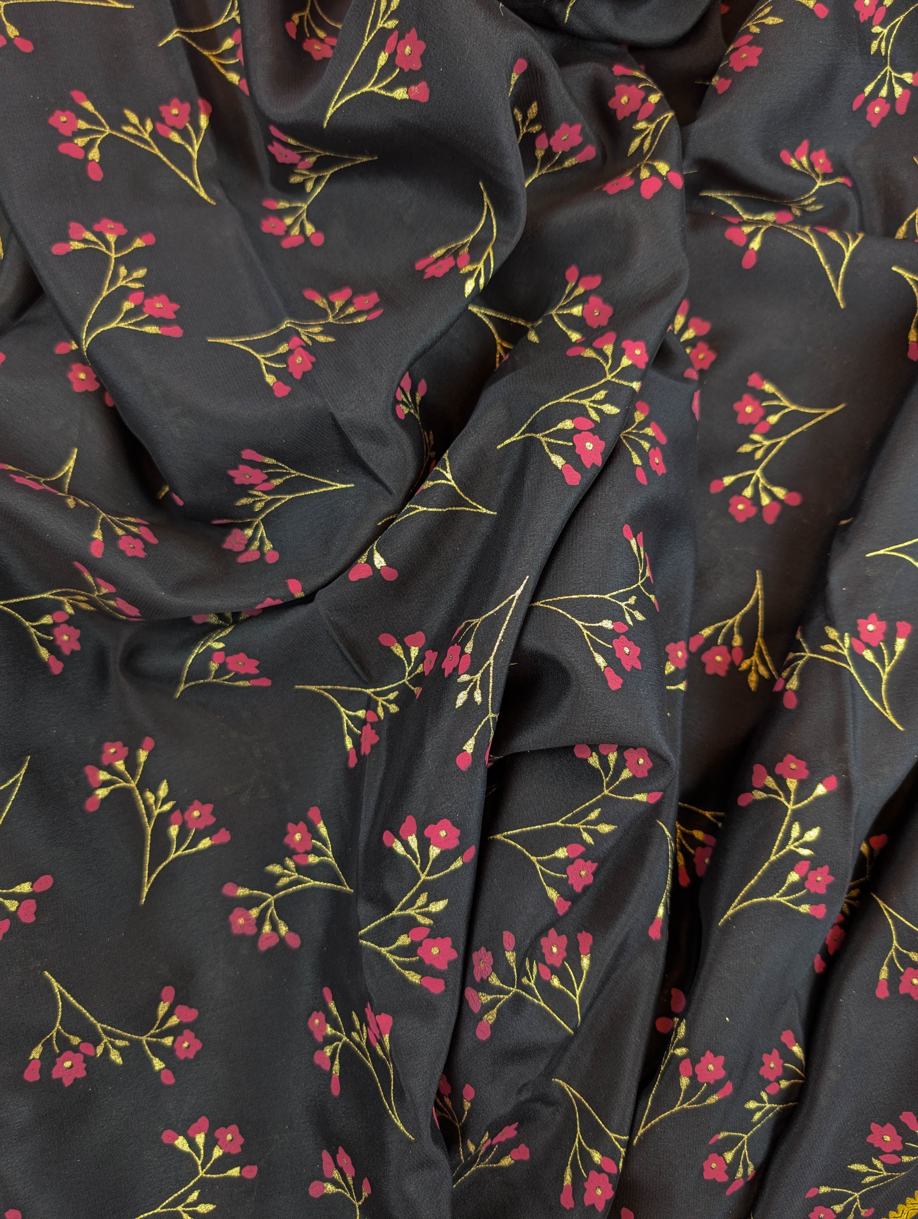 Pure Mysore Silk Crepe - Black with Dark Pink