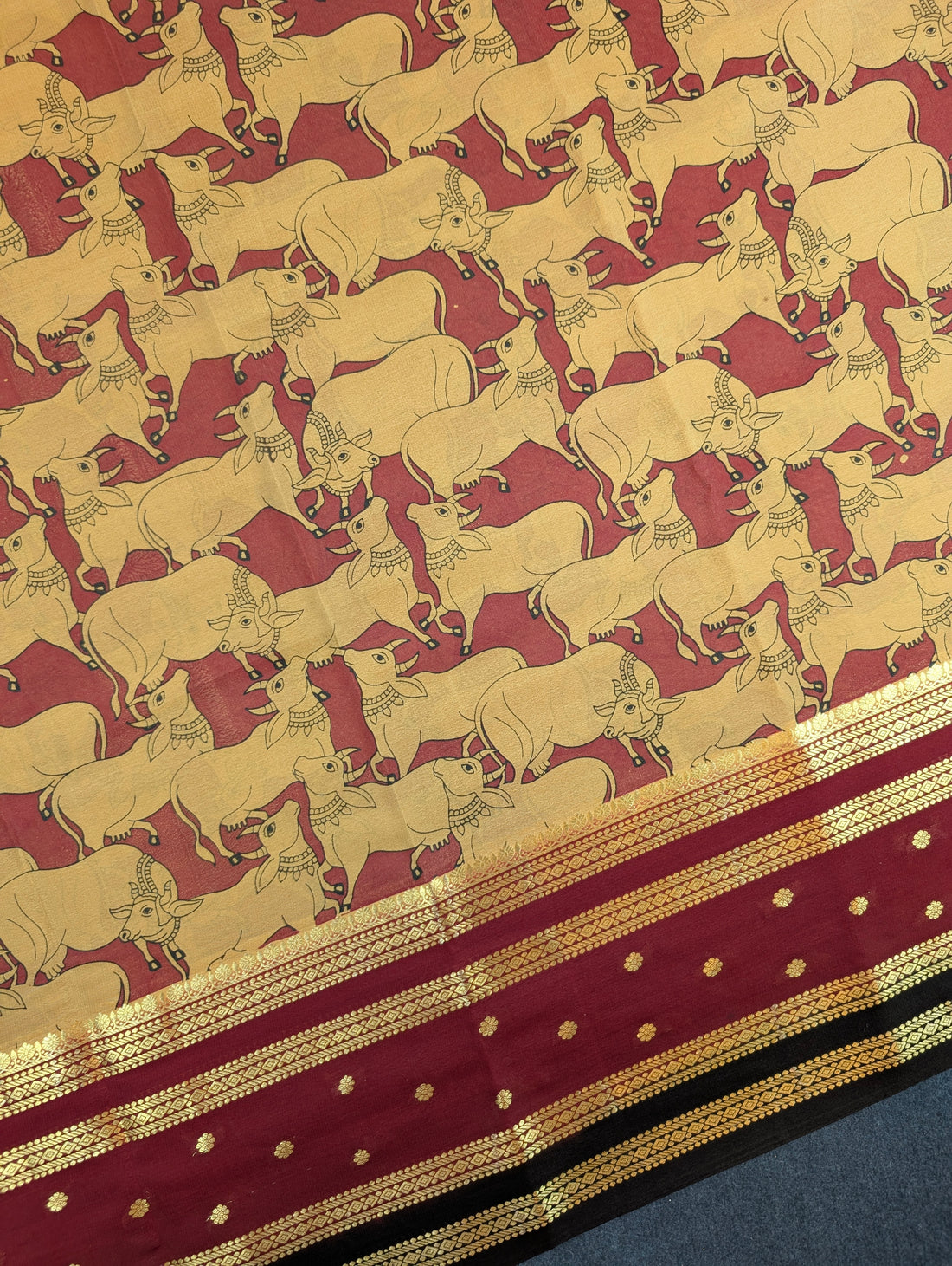 Pure Mysore Silk Crepe - Golden Yellow with Maroon &amp; Black 3D Pattern