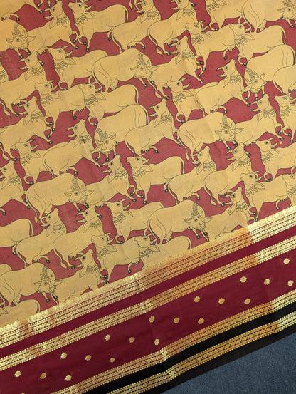Pure Mysore Silk Crepe - Golden Yellow with Maroon &amp; Black 3D Pattern