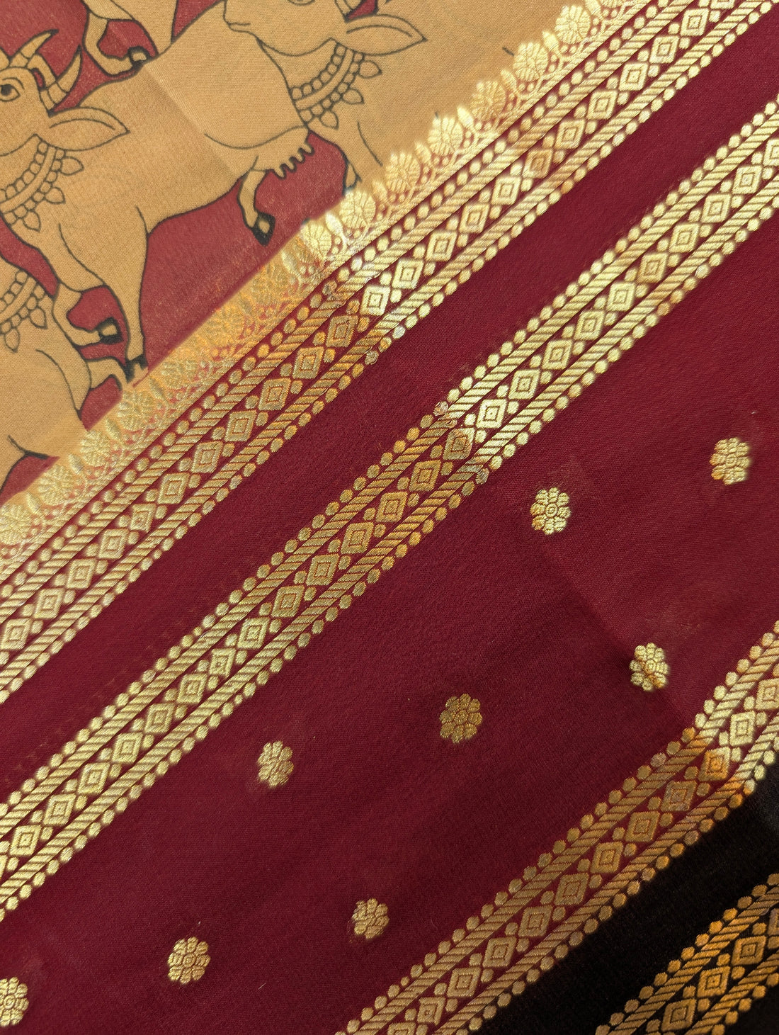 Pure Mysore Silk Crepe - Golden Yellow with Maroon &amp; Black 3D Pattern