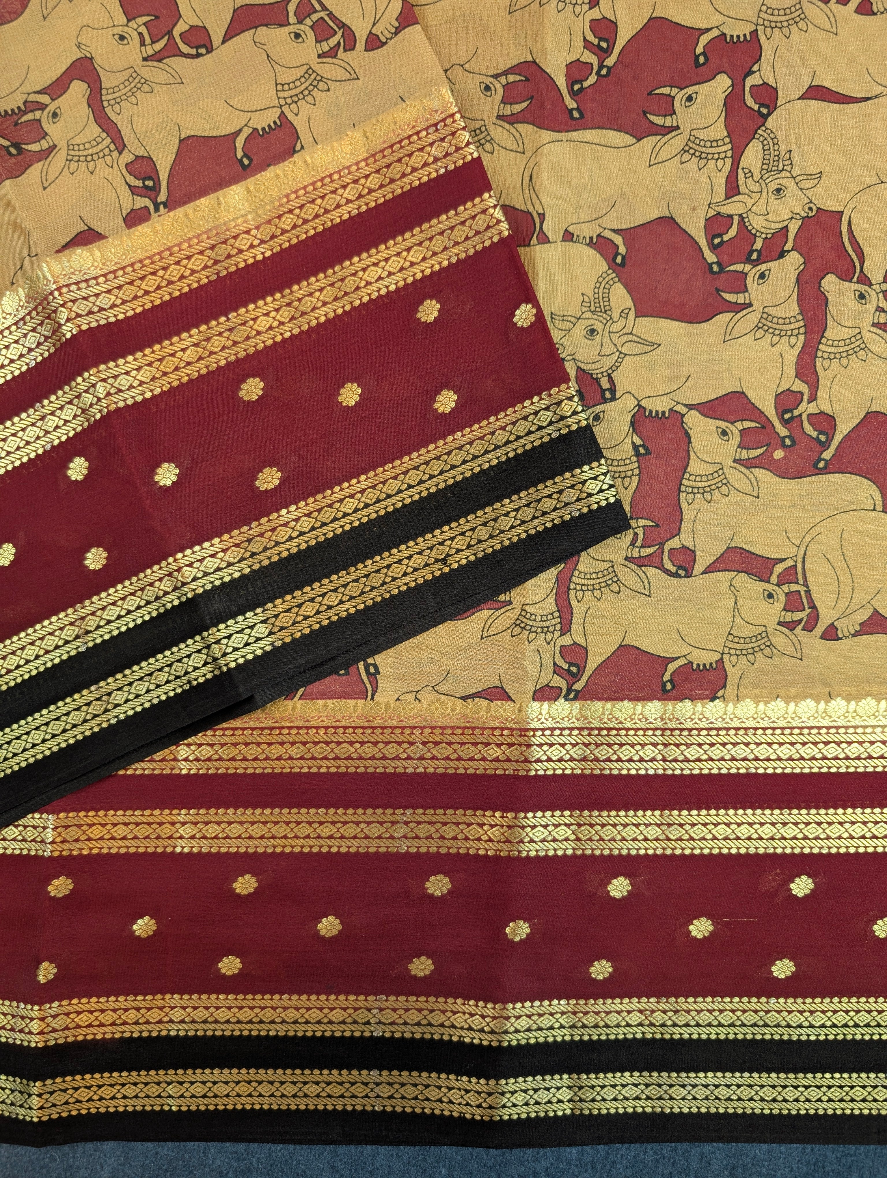 Pure Mysore Silk Crepe - Golden Yellow with Maroon &amp; Black 3D Pattern