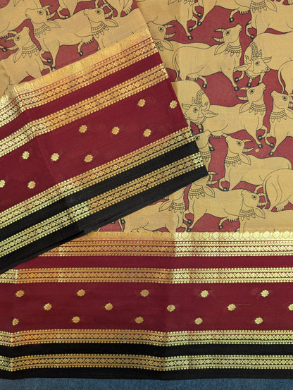 Pure Mysore Silk Crepe - Golden Yellow with Maroon &amp; Black 3D Pattern