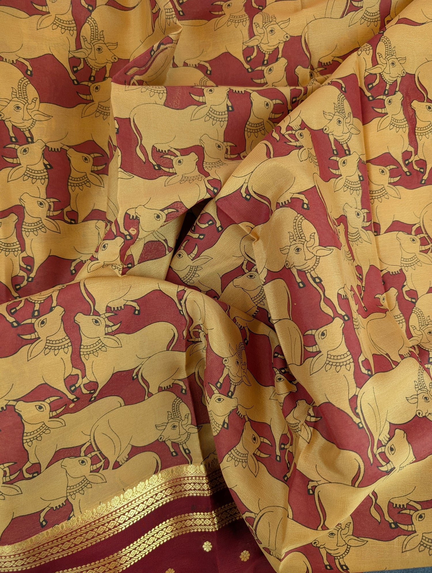 Pure Mysore Silk Crepe - Golden Yellow with Maroon &amp; Black 3D Pattern