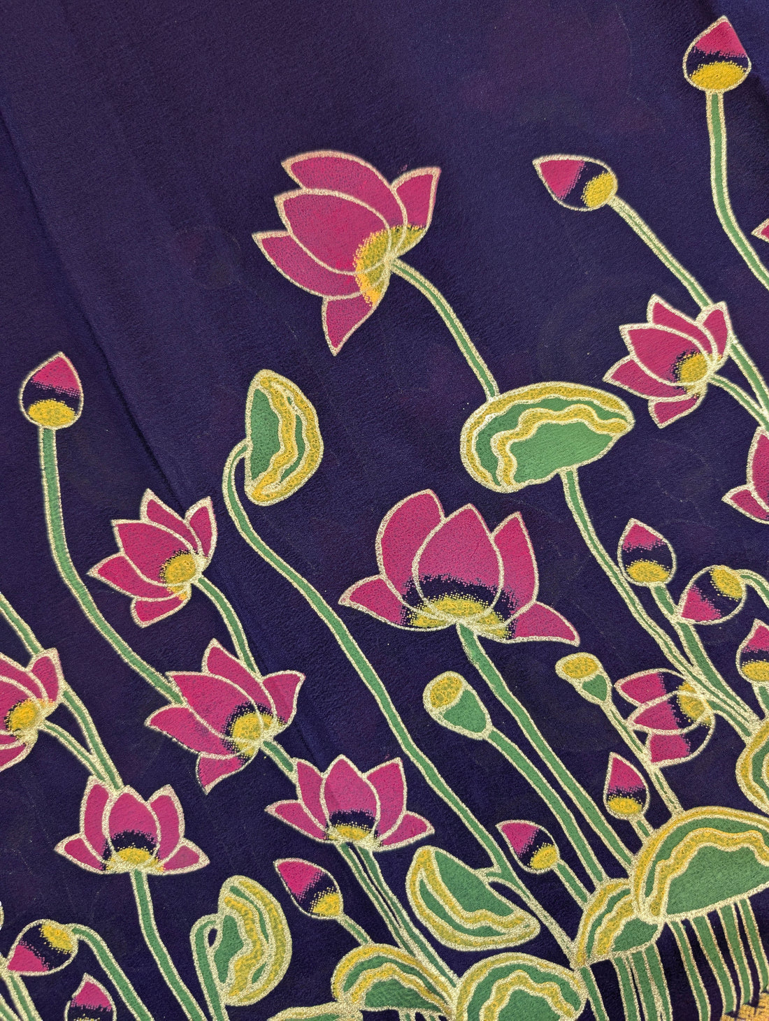 Pure Mysore Silk Crepe – Midnight Blue with Pink Lotus Embroidery &amp; Zari Accents