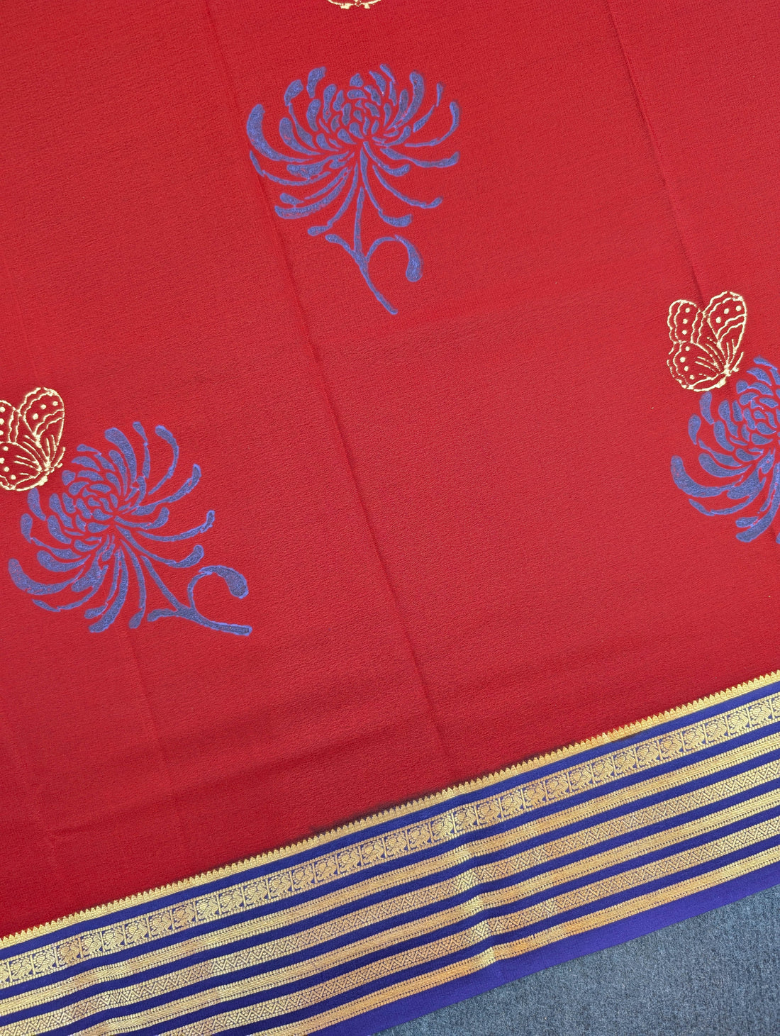 Pure Mysore Silk Crepe - Red wtih Blue