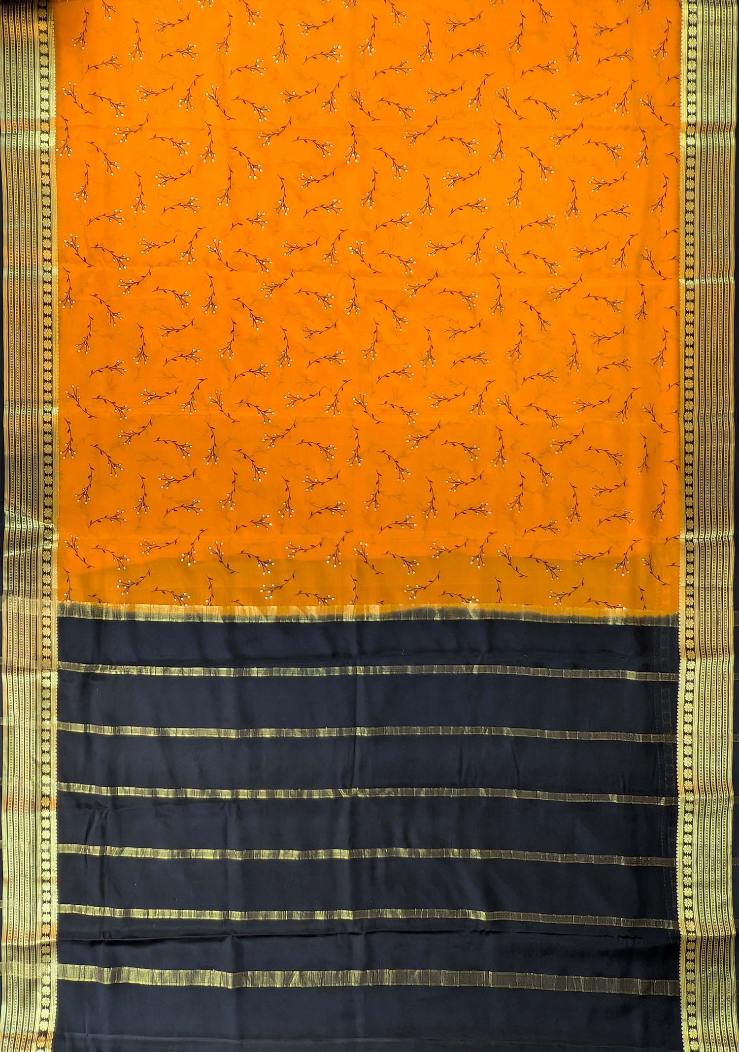 Pure Mysore Silk Crepe - Orange with Black