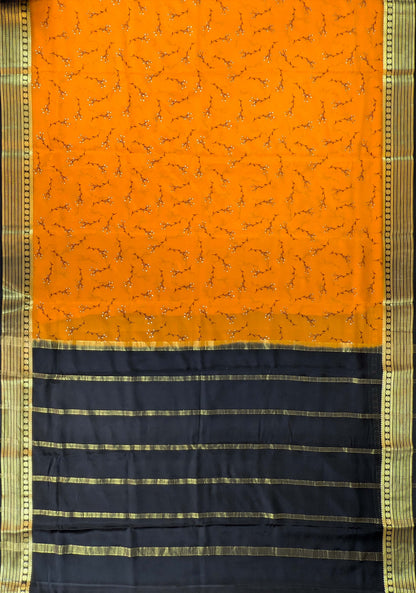 Pure Mysore Silk Crepe - Orange with Black