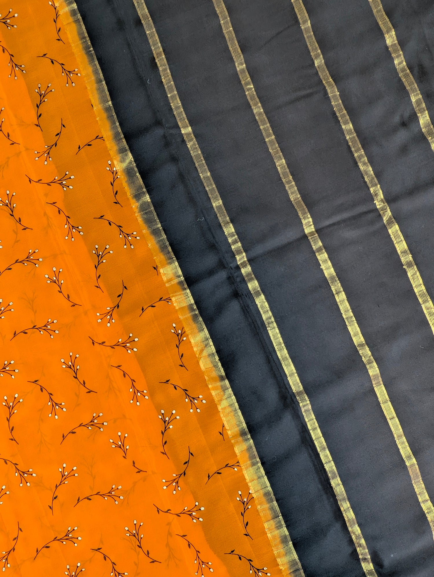Pure Mysore Silk Crepe - Orange with Black