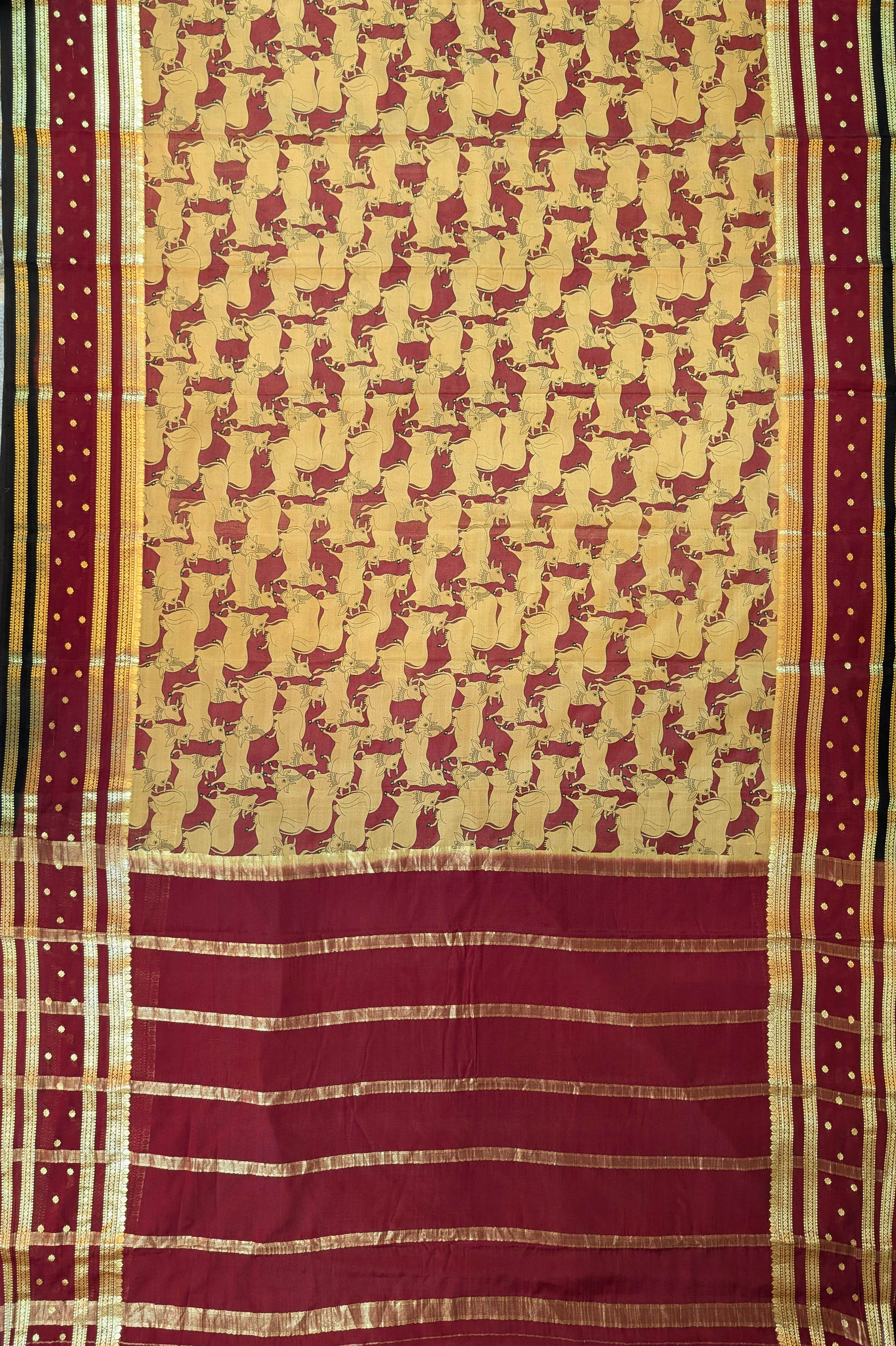 Pure Mysore Silk Crepe - Golden Yellow with Maroon &amp; Black 3D Pattern