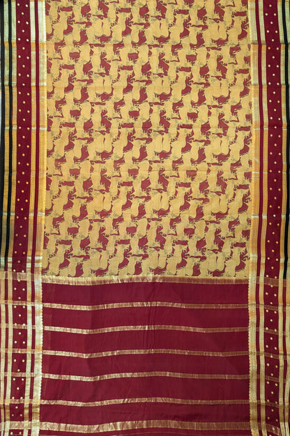 Pure Mysore Silk Crepe - Golden Yellow with Maroon &amp; Black 3D Pattern