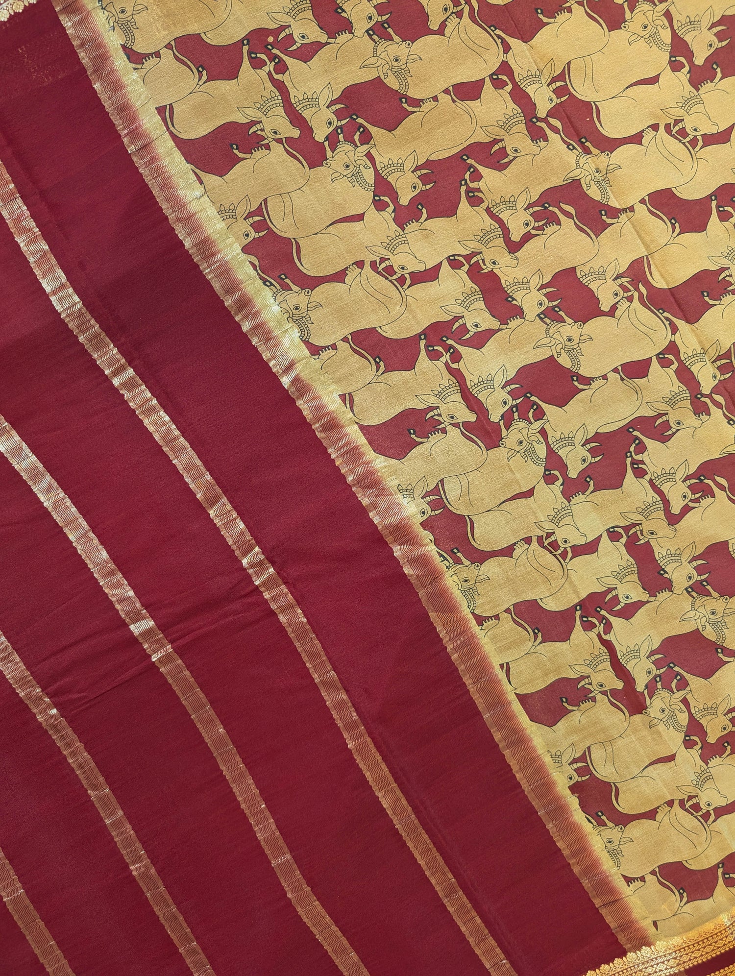 Pure Mysore Silk Crepe - Golden Yellow with Maroon &amp; Black 3D Pattern