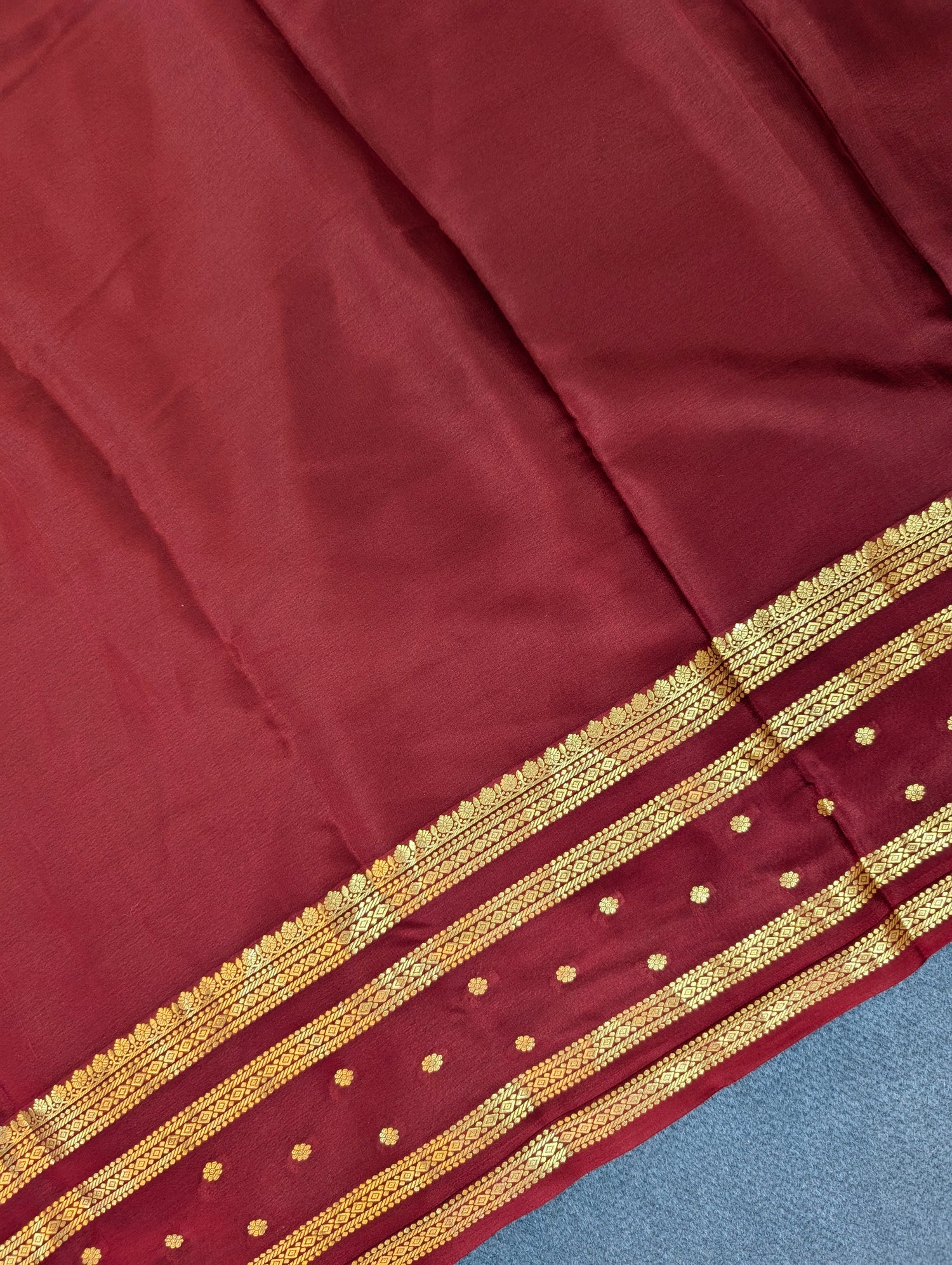 Pure Mysore Silk Crepe - Golden Yellow with Maroon &amp; Black 3D Pattern