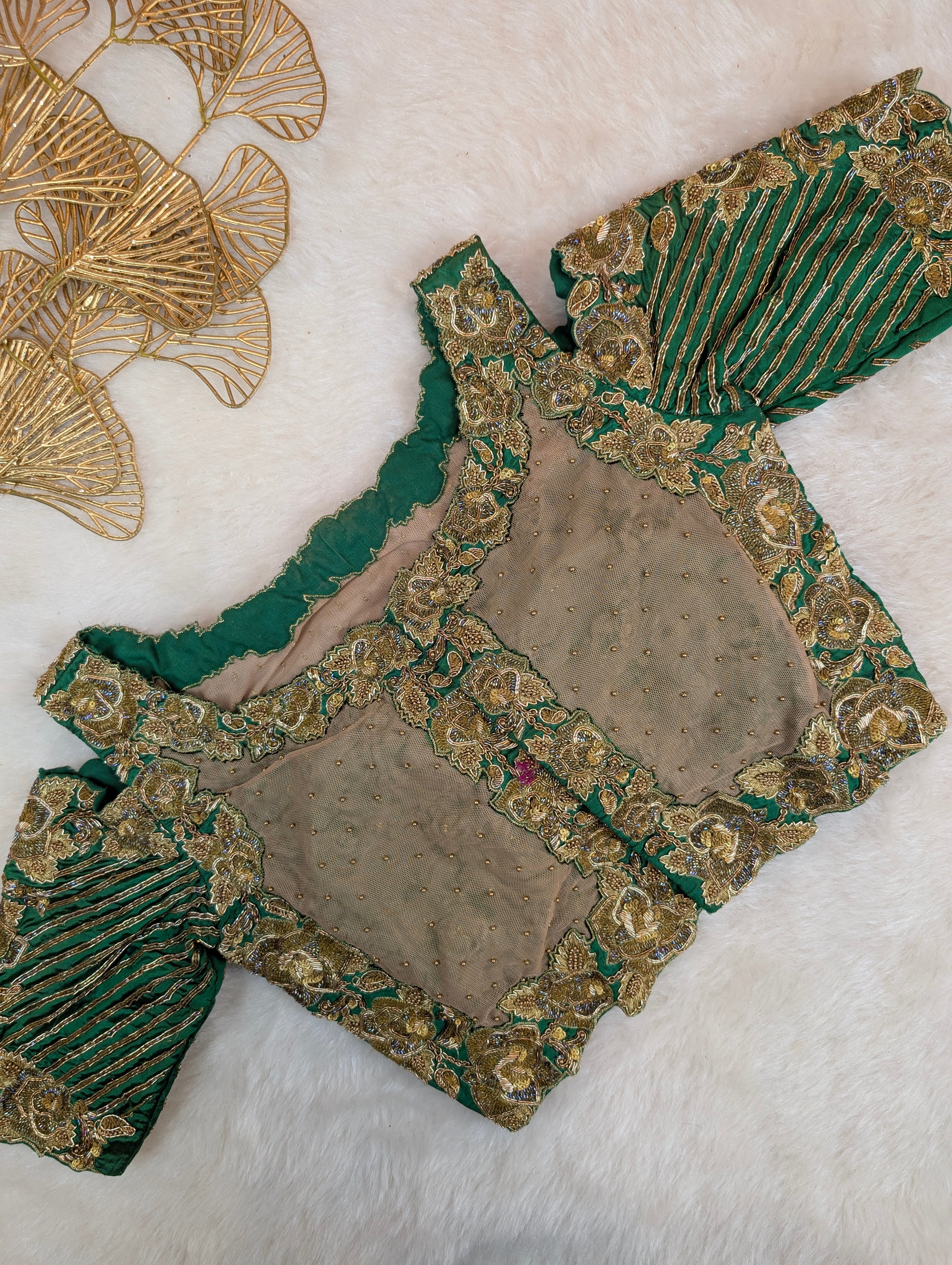 Heavy Hand Embroidered Green Cutwork Blouse