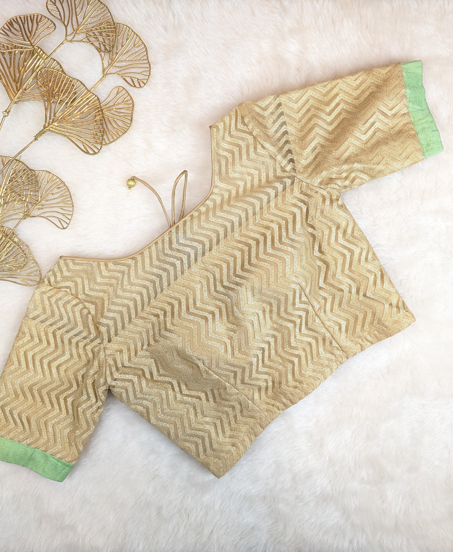 Gold Zigzag Brocade Blouse with Mint Green Detailing