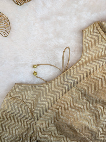 Gold Zigzag Brocade Blouse with Mint Green Detailing