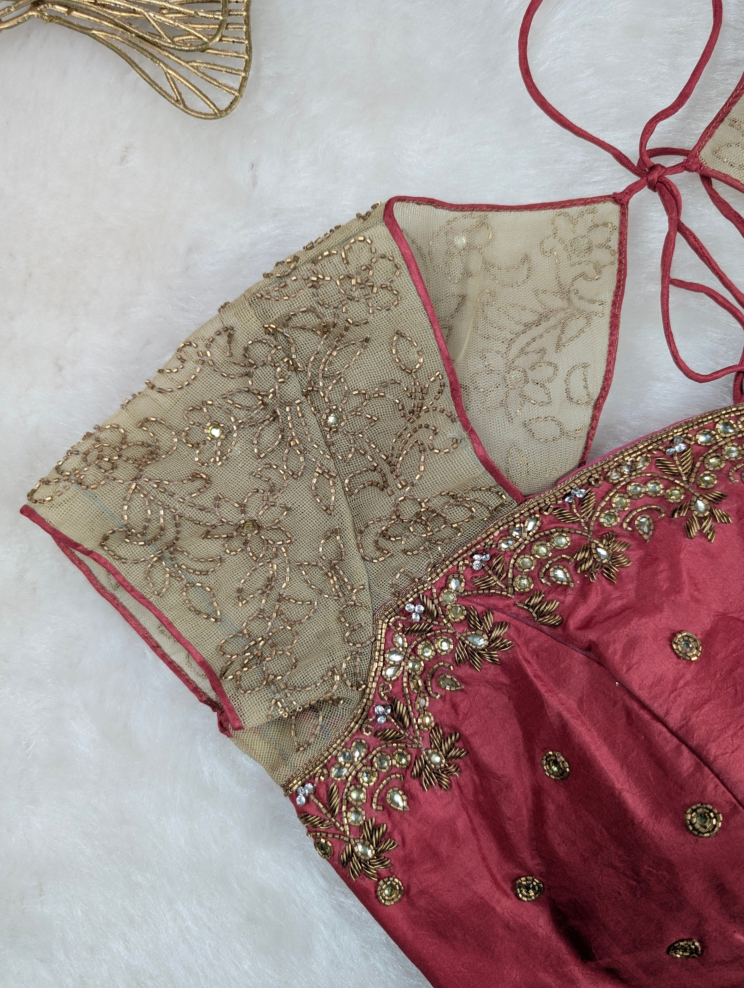 Pink Embroidered Blouse with Net Sleeves